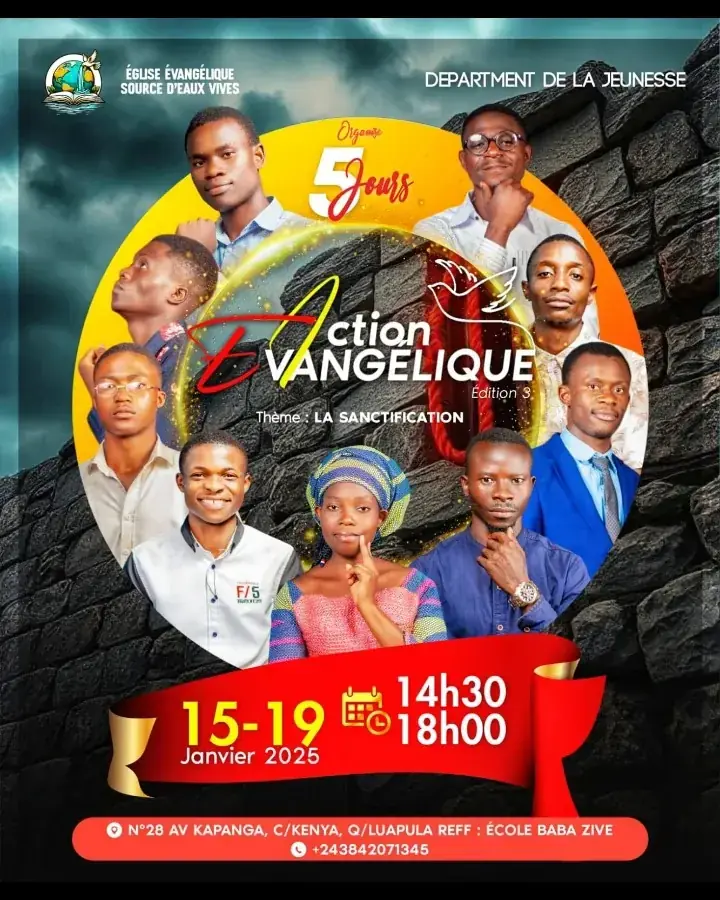 Affiche Action Évangélique 5 jours, Église Évangélique Source d'Eaux Vives, portraits des jeunes, thème la sanctification