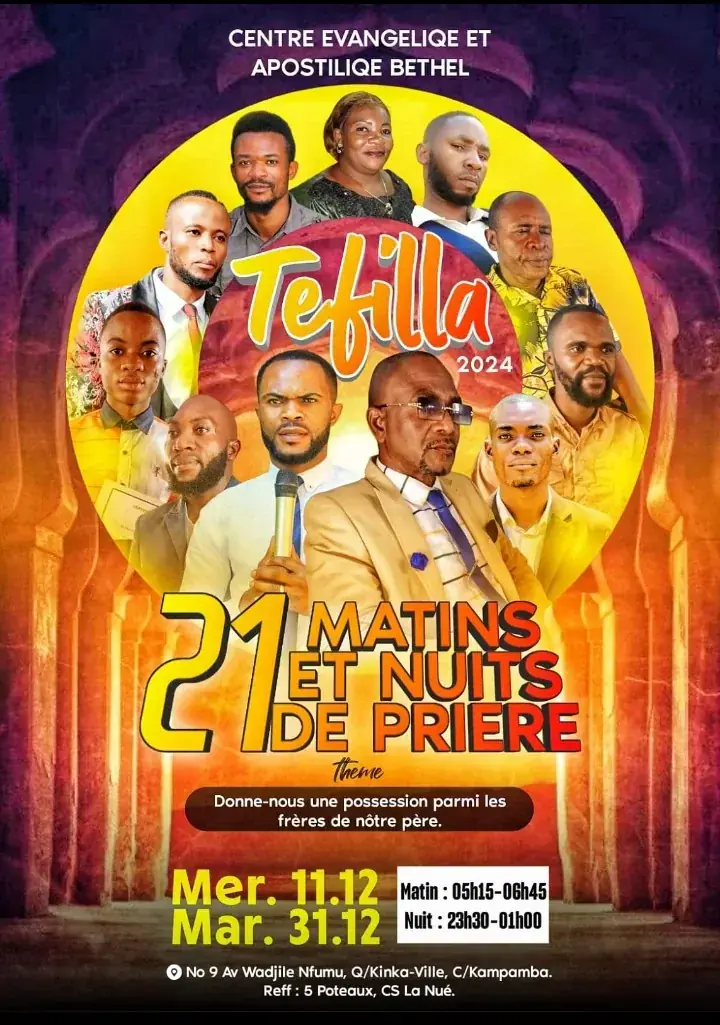 Affiche Tefilla 2024 du Centre Évangélique et Apostolique Bethel, portraits des orateurs, 21 jours de prière