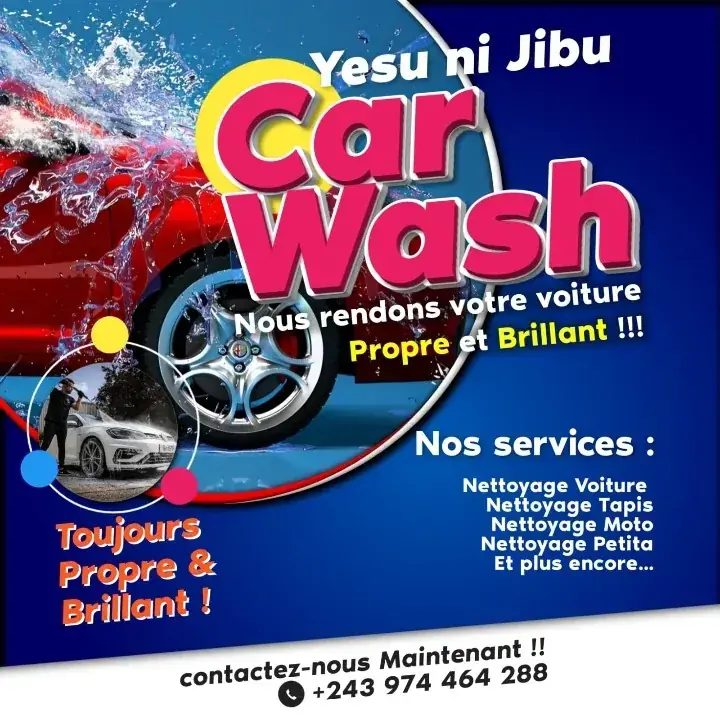 Post carré CarWash Yesu ni Jibu, pneu et voiture sous l'eau, services de nettoyage détaillés